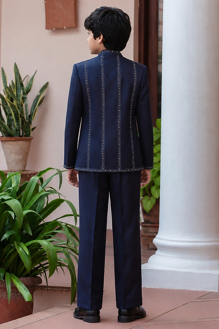Navy Blue Modal Satin Embroidered Indowestern Jacket Set For Boys by Bohame Kids at Pernia's Pop Up Shop