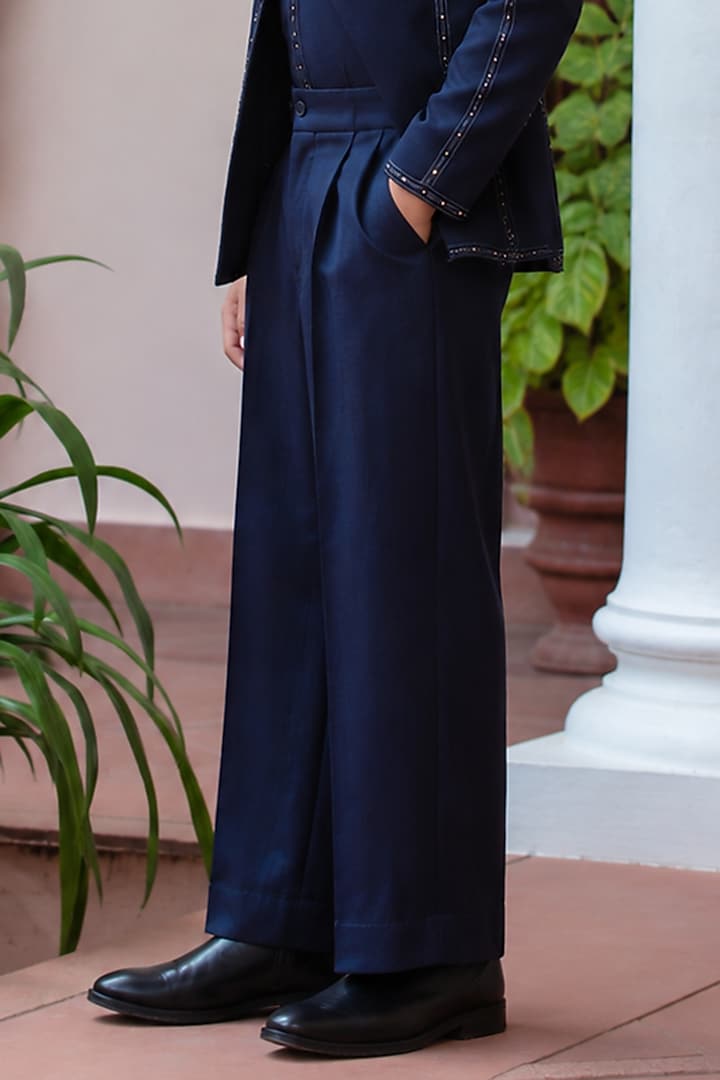 Navy Blue Modal Satin Embroidered Indowestern Jacket Set For Boys by Bohame Kids at Pernia's Pop Up Shop