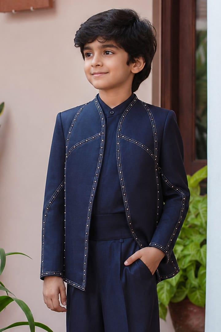 Navy Blue Modal Satin Embroidered Indowestern Jacket Set For Boys by Bohame Kids at Pernia's Pop Up Shop