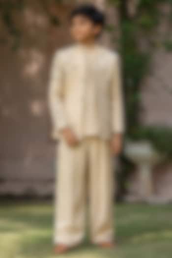 Beige Gold Modal Satin Embroidered Indowestern Jacket Set For Boys by Bohame Kids at Pernia's Pop Up Shop