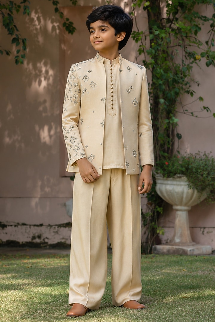 Beige Gold Modal Satin Embroidered Indowestern Jacket Set For Boys by Bohame Kids at Pernia's Pop Up Shop