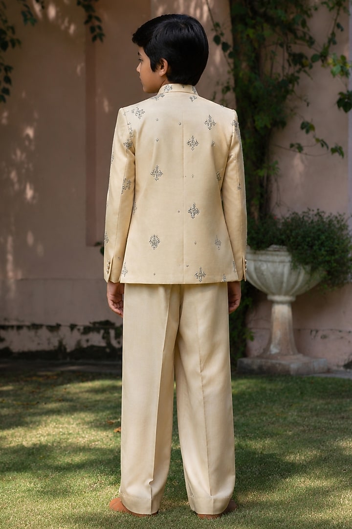 Beige Gold Modal Satin Embroidered Indowestern Jacket Set For Boys by Bohame Kids at Pernia's Pop Up Shop