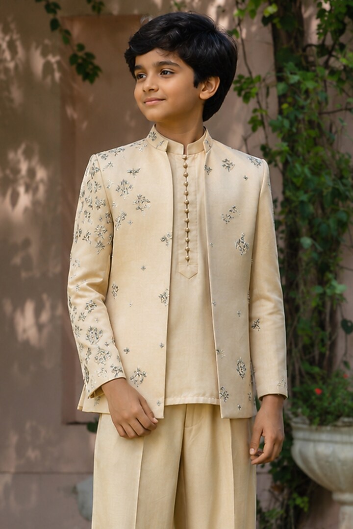 Beige Gold Modal Satin Embroidered Indowestern Jacket Set For Boys by Bohame Kids at Pernia's Pop Up Shop