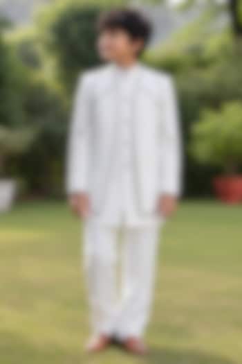 Ivory Modal Satin Embroidered Indowestern Jacket Set For Boys by Bohame Kids at Pernia's Pop Up Shop