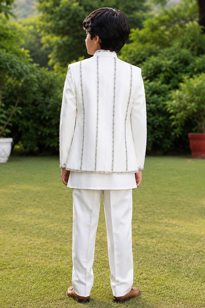 Ivory Modal Satin Embroidered Indowestern Jacket Set For Boys by Bohame Kids at Pernia's Pop Up Shop