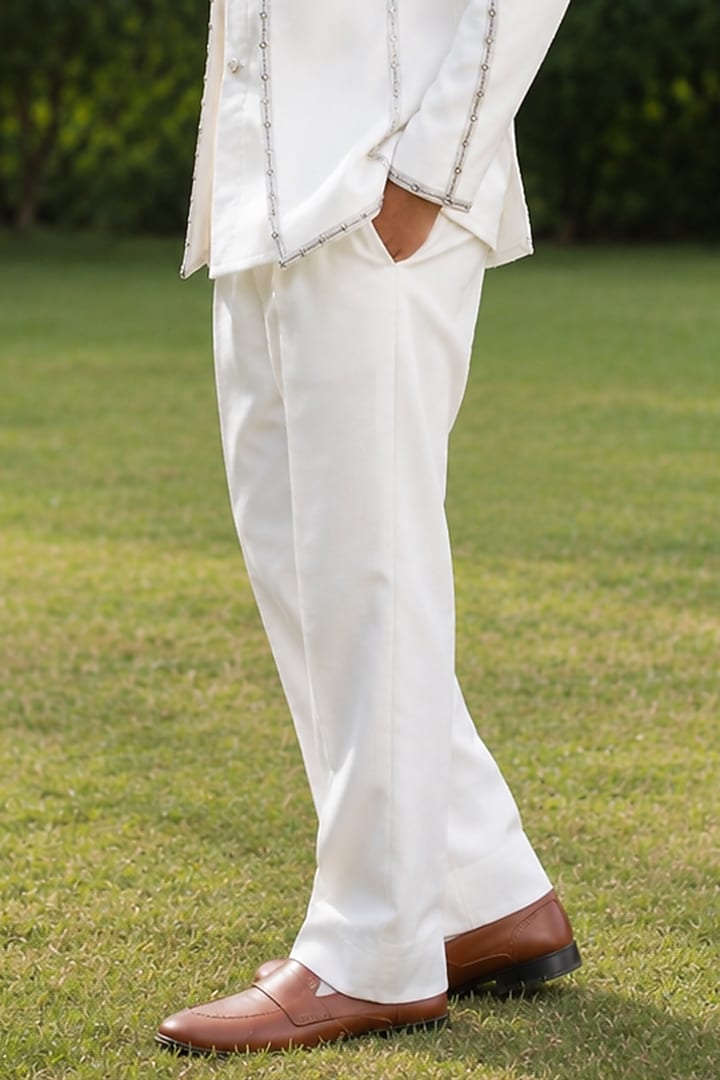 Ivory Modal Satin Embroidered Indowestern Jacket Set For Boys by Bohame Kids at Pernia's Pop Up Shop
