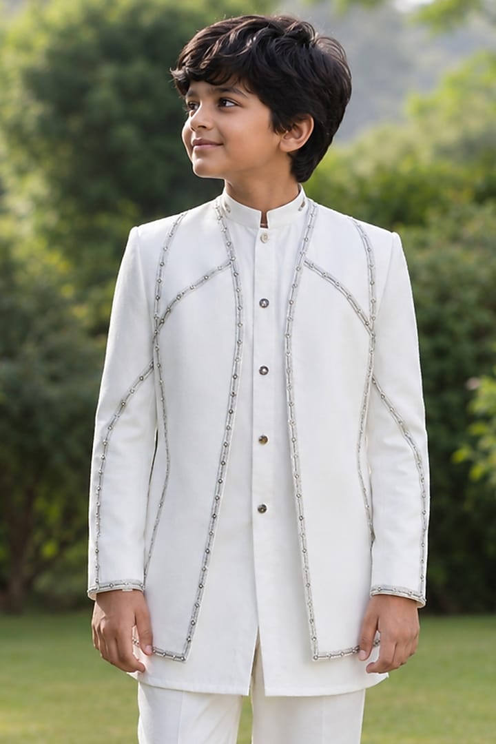 Ivory Modal Satin Embroidered Indowestern Jacket Set For Boys by Bohame Kids at Pernia's Pop Up Shop
