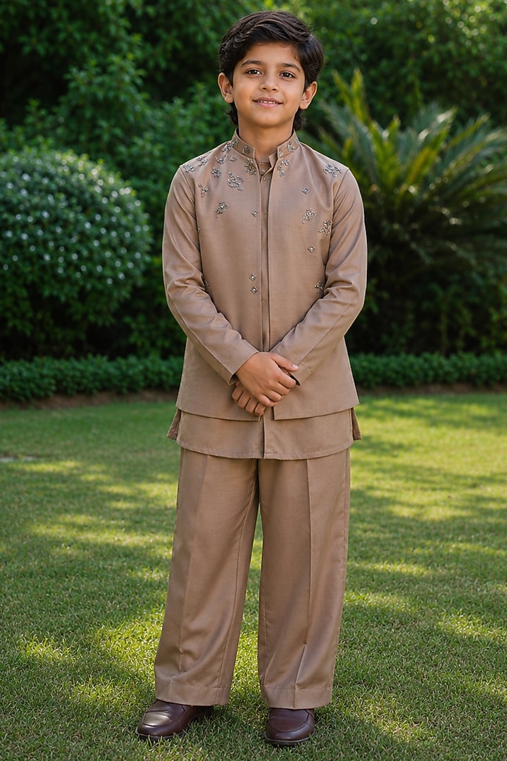 Rose Gold Modal Satin Hand Embroidered Indowestern Jacket Set For Boys by Bohame Kids at Pernia's Pop Up Shop