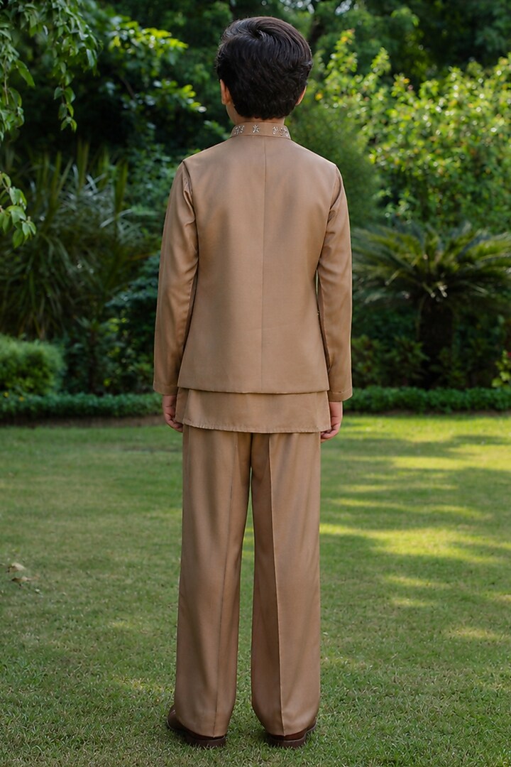 Rose Gold Modal Satin Hand Embroidered Indowestern Jacket Set For Boys by Bohame Kids at Pernia's Pop Up Shop