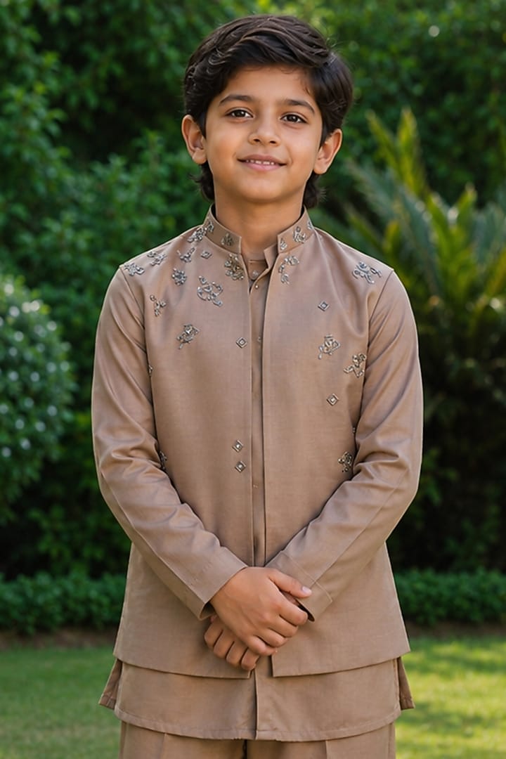 Rose Gold Modal Satin Hand Embroidered Indowestern Jacket Set For Boys by Bohame Kids at Pernia's Pop Up Shop