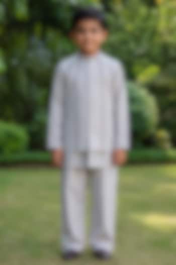 Light Grey Suiting Embroidered Indowestern Jacket Set For Boys by Bohame Kids at Pernia's Pop Up Shop