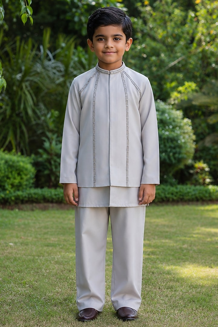 Light Grey Suiting Embroidered Indowestern Jacket Set For Boys by Bohame Kids at Pernia's Pop Up Shop