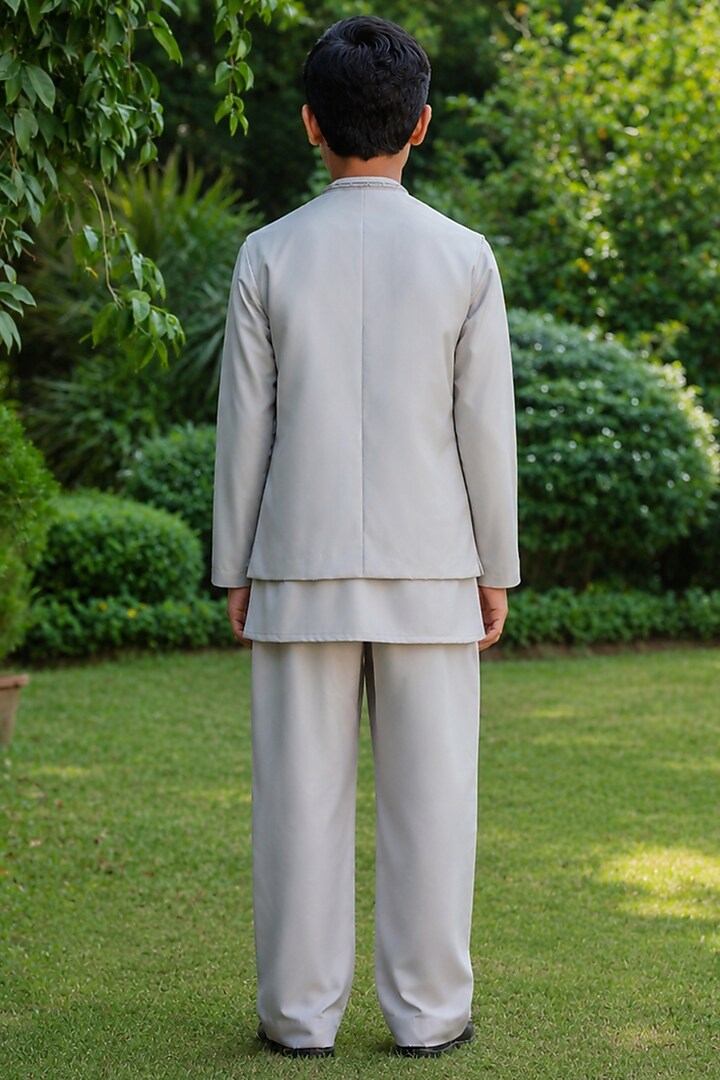 Light Grey Suiting Embroidered Indowestern Jacket Set For Boys by Bohame Kids at Pernia's Pop Up Shop