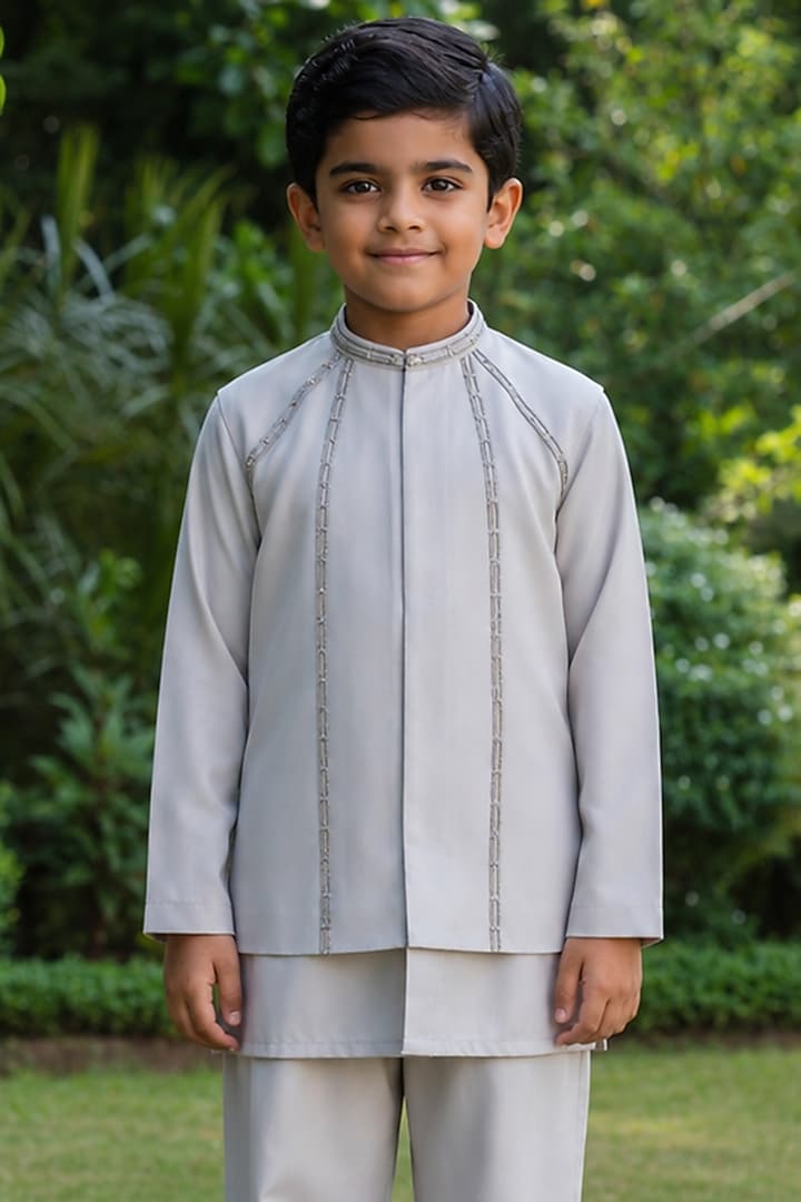 Light Grey Suiting Embroidered Indowestern Jacket Set For Boys by Bohame Kids at Pernia's Pop Up Shop