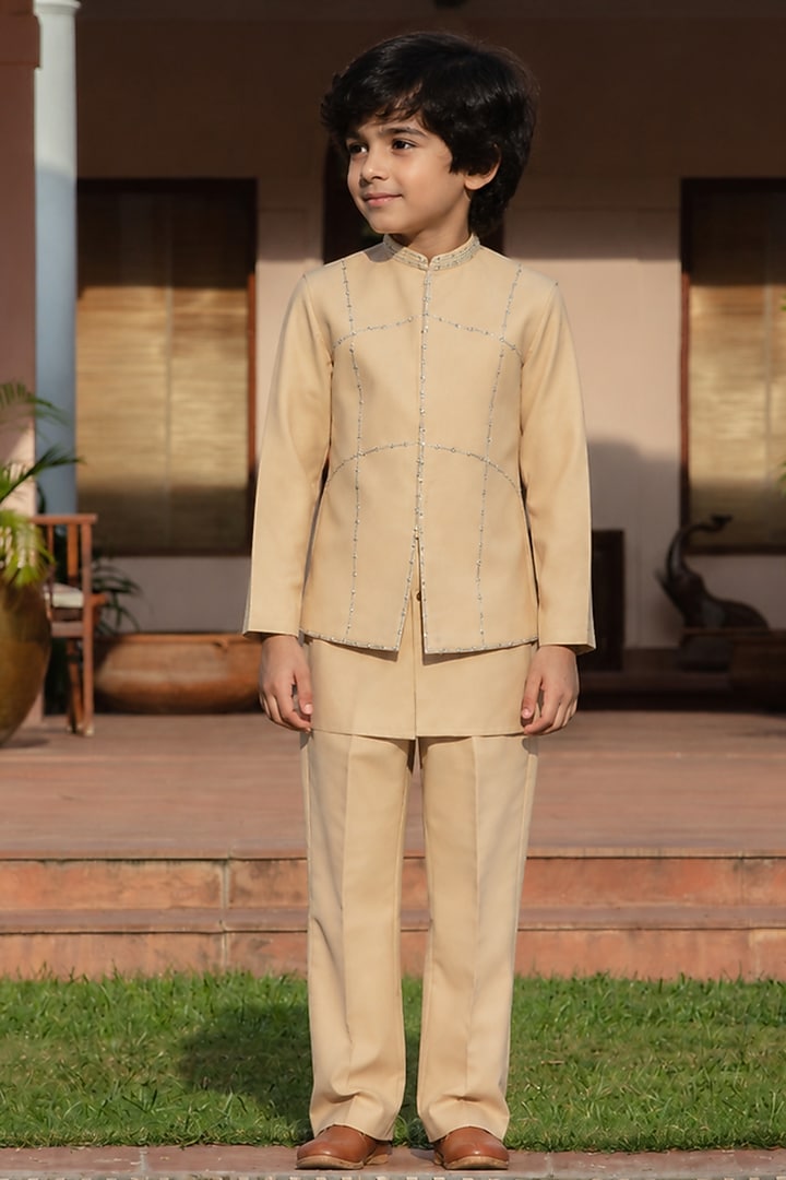 Beige Suiting Embroidered Indowestern Jacket Set For Boys by Bohame Kids at Pernia's Pop Up Shop