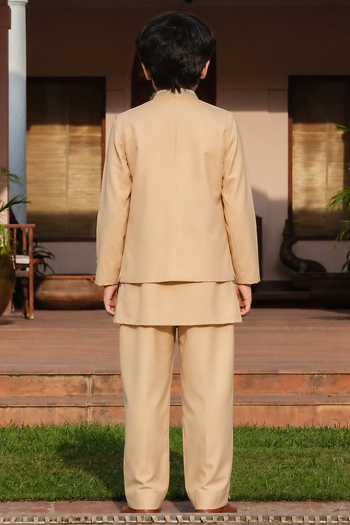 Beige Suiting Embroidered Indowestern Jacket Set For Boys by Bohame Kids at Pernia's Pop Up Shop