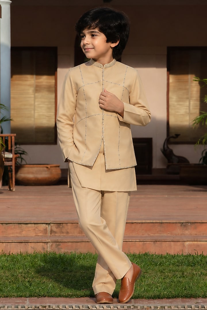 Beige Suiting Embroidered Indowestern Jacket Set For Boys by Bohame Kids at Pernia's Pop Up Shop