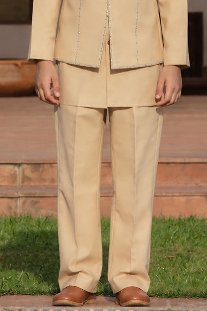 Beige Suiting Embroidered Indowestern Jacket Set For Boys by Bohame Kids at Pernia's Pop Up Shop
