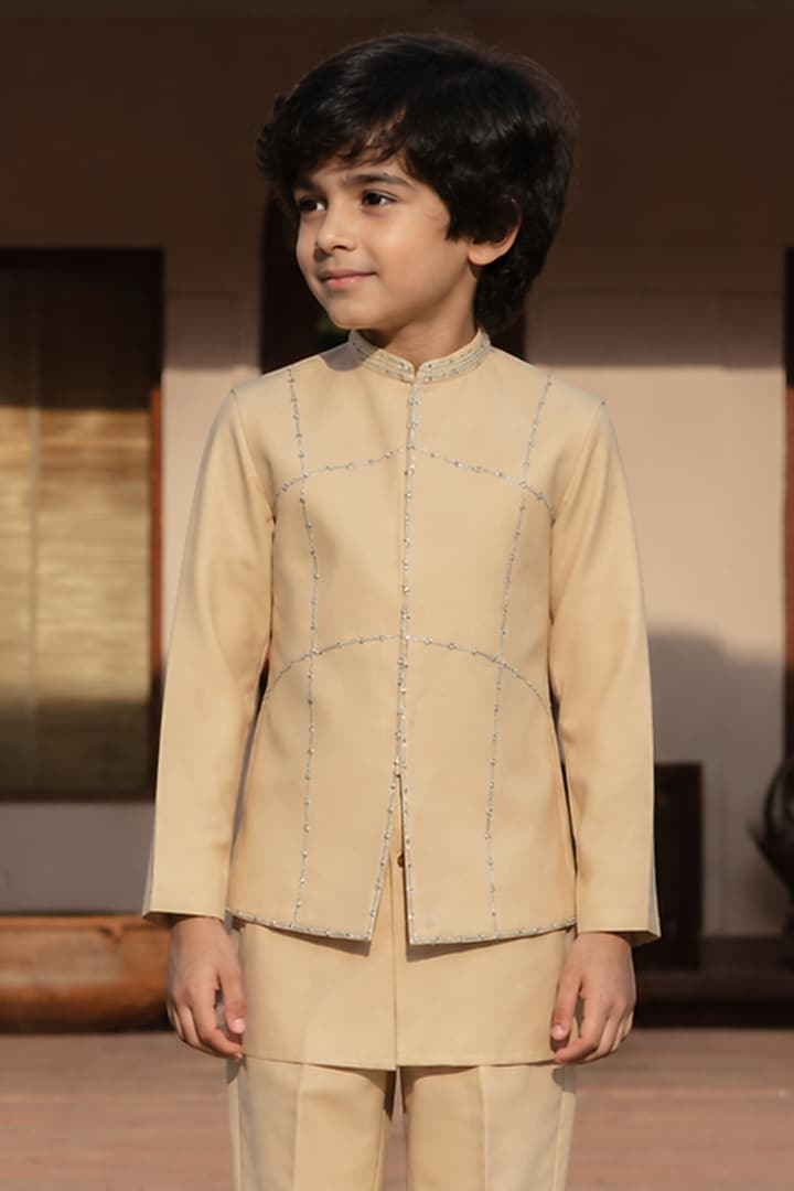 Beige Suiting Embroidered Indowestern Jacket Set For Boys by Bohame Kids at Pernia's Pop Up Shop