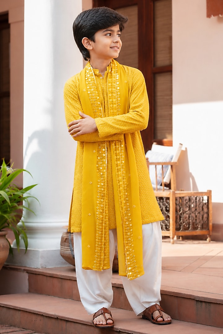 Mustard Chikankari Mirror Embroidered Kurta Set For Boys by Bohame Kids at Pernia's Pop Up Shop
