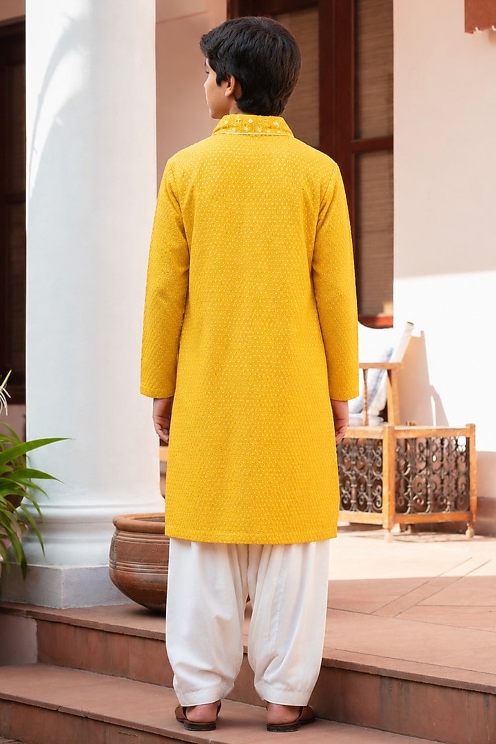 Mustard Chikankari Mirror Embroidered Kurta Set For Boys by Bohame Kids at Pernia's Pop Up Shop