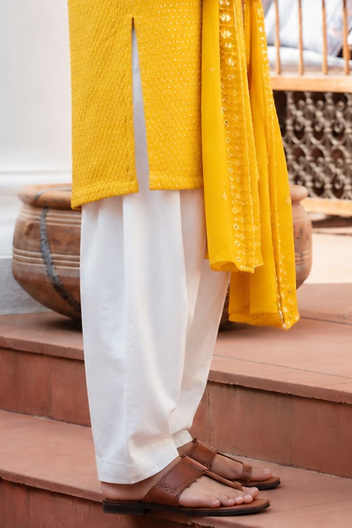 Mustard Chikankari Mirror Embroidered Kurta Set For Boys by Bohame Kids at Pernia's Pop Up Shop