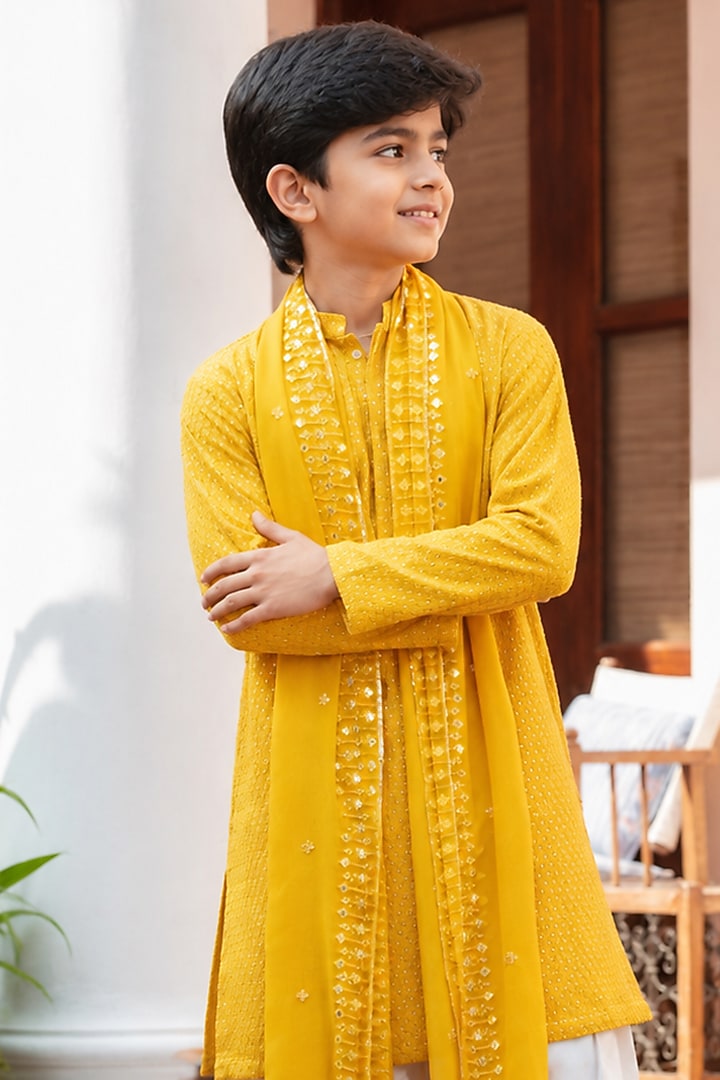Mustard Chikankari Mirror Embroidered Kurta Set For Boys by Bohame Kids at Pernia's Pop Up Shop