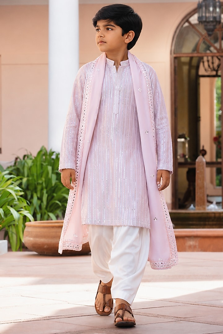 Light Pink Chikankari Mirror Embroidered Kurta Set For Boys by Bohame Kids at Pernia's Pop Up Shop