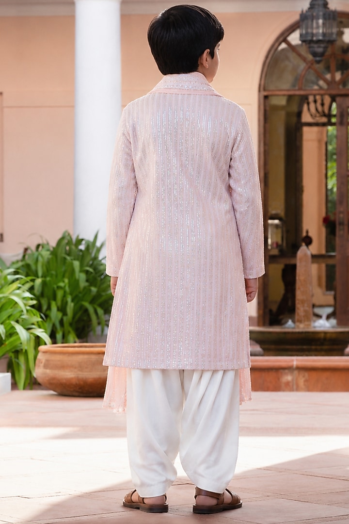 Light Pink Chikankari Mirror Embroidered Kurta Set For Boys by Bohame Kids at Pernia's Pop Up Shop