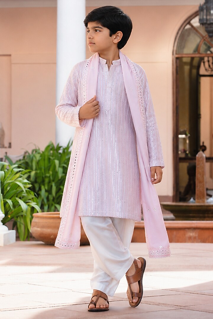 Light Pink Chikankari Mirror Embroidered Kurta Set For Boys by Bohame Kids at Pernia's Pop Up Shop