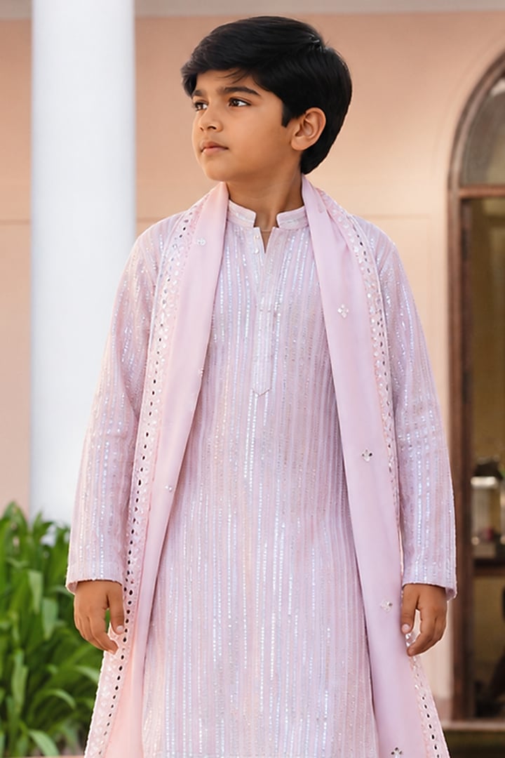Light Pink Chikankari Mirror Embroidered Kurta Set For Boys by Bohame Kids at Pernia's Pop Up Shop
