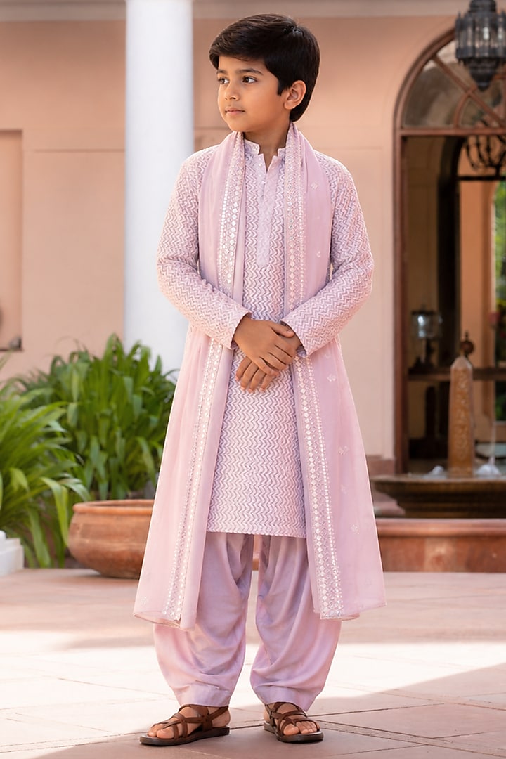 Lilac Chikankari Kurta Set For Boys by Bohame Kids at Pernia's Pop Up Shop