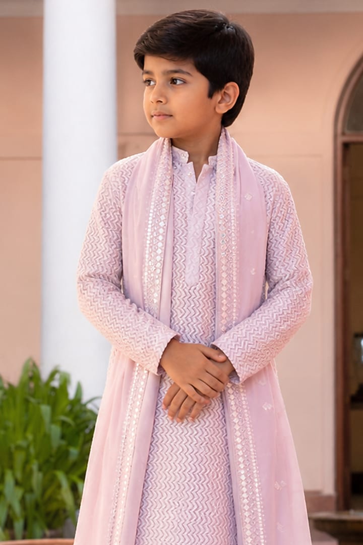 Lilac Chikankari Kurta Set For Boys by Bohame Kids at Pernia's Pop Up Shop