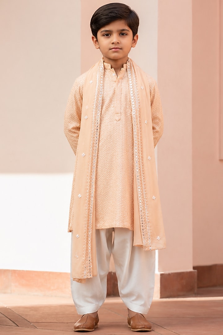 Peach Chikankari Kurta Set For Boys by Bohame Kids at Pernia's Pop Up Shop