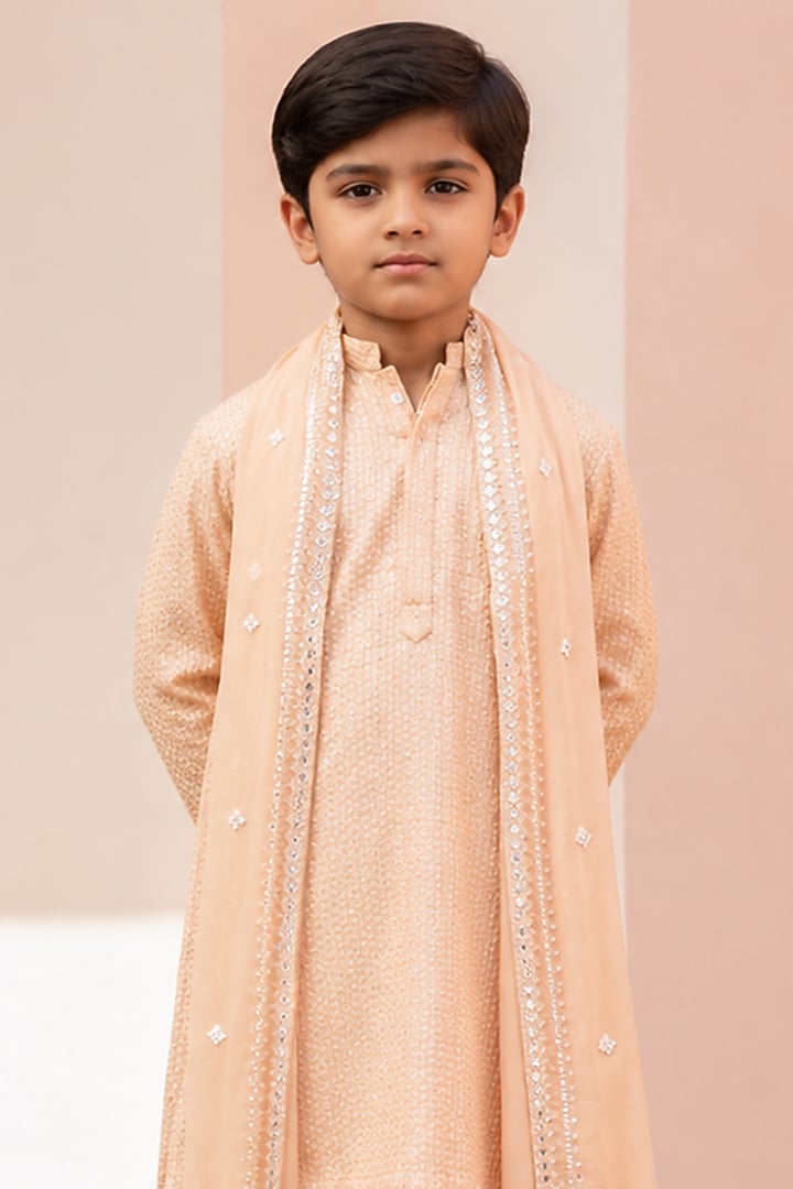 Peach Chikankari Kurta Set For Boys by Bohame Kids at Pernia's Pop Up Shop