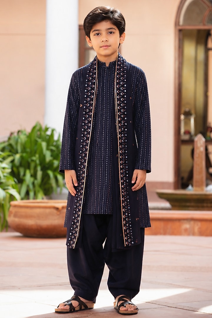 Navy Blue Chikankari Kurta Set For Boys by Bohame Kids at Pernia's Pop Up Shop