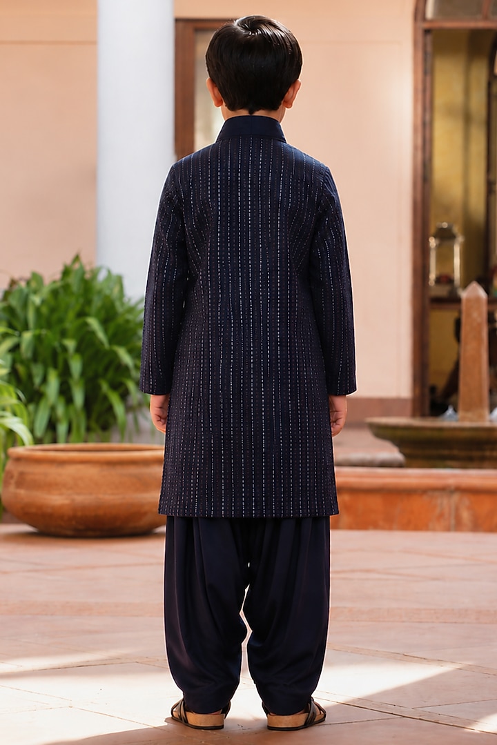 Navy Blue Chikankari Kurta Set For Boys by Bohame Kids at Pernia's Pop Up Shop
