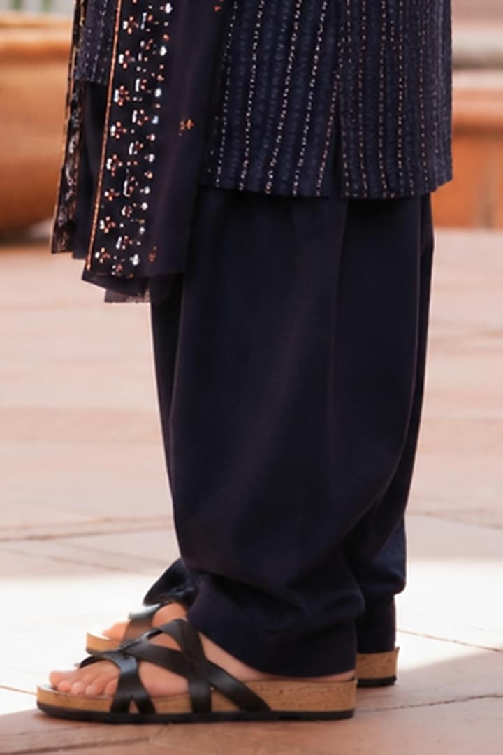 Navy Blue Chikankari Kurta Set For Boys by Bohame Kids at Pernia's Pop Up Shop