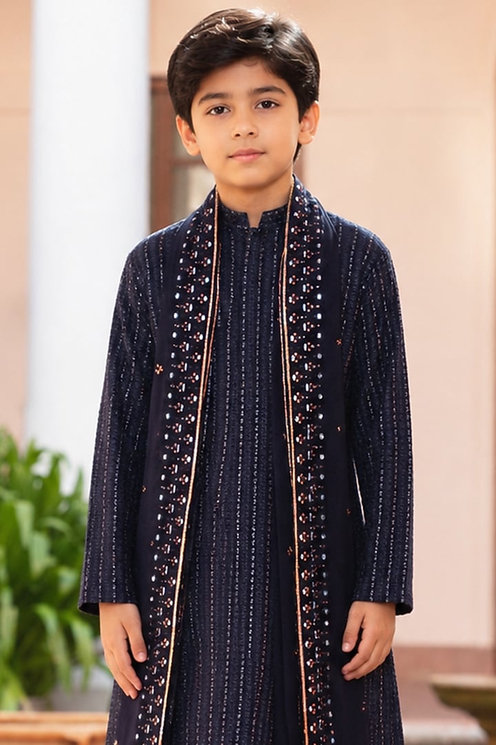Navy Blue Chikankari Kurta Set For Boys by Bohame Kids at Pernia's Pop Up Shop