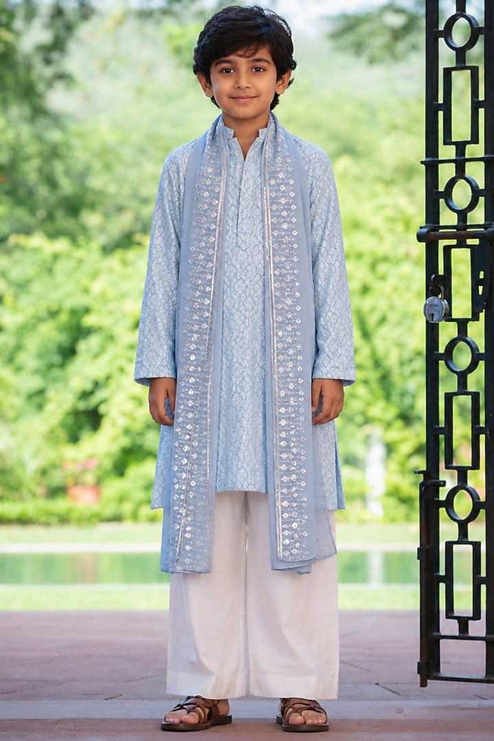 Light Blue Chikankari Kurta Set For Boys by Bohame Kids at Pernia's Pop Up Shop