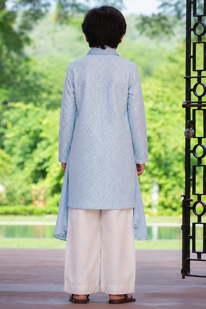 Light Blue Chikankari Kurta Set For Boys by Bohame Kids at Pernia's Pop Up Shop