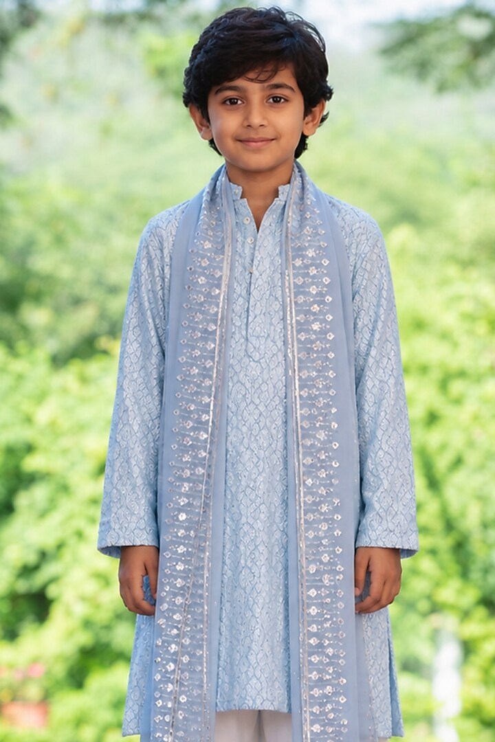 Light Blue Chikankari Kurta Set For Boys by Bohame Kids at Pernia's Pop Up Shop