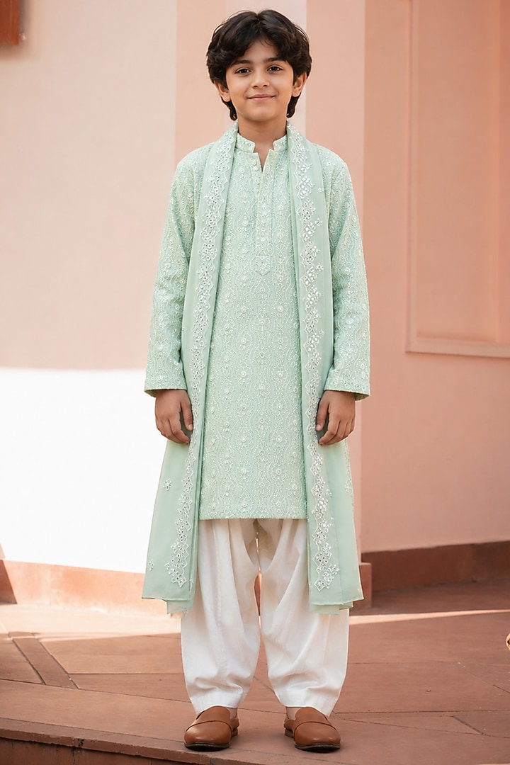 Sage Green Chikankari Hand Embroidered Kurta Set For Boys by Bohame Kids at Pernia's Pop Up Shop