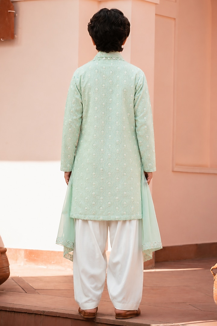 Sage Green Chikankari Hand Embroidered Kurta Set For Boys by Bohame Kids at Pernia's Pop Up Shop