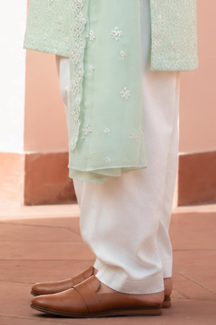 Sage Green Chikankari Hand Embroidered Kurta Set For Boys by Bohame Kids at Pernia's Pop Up Shop