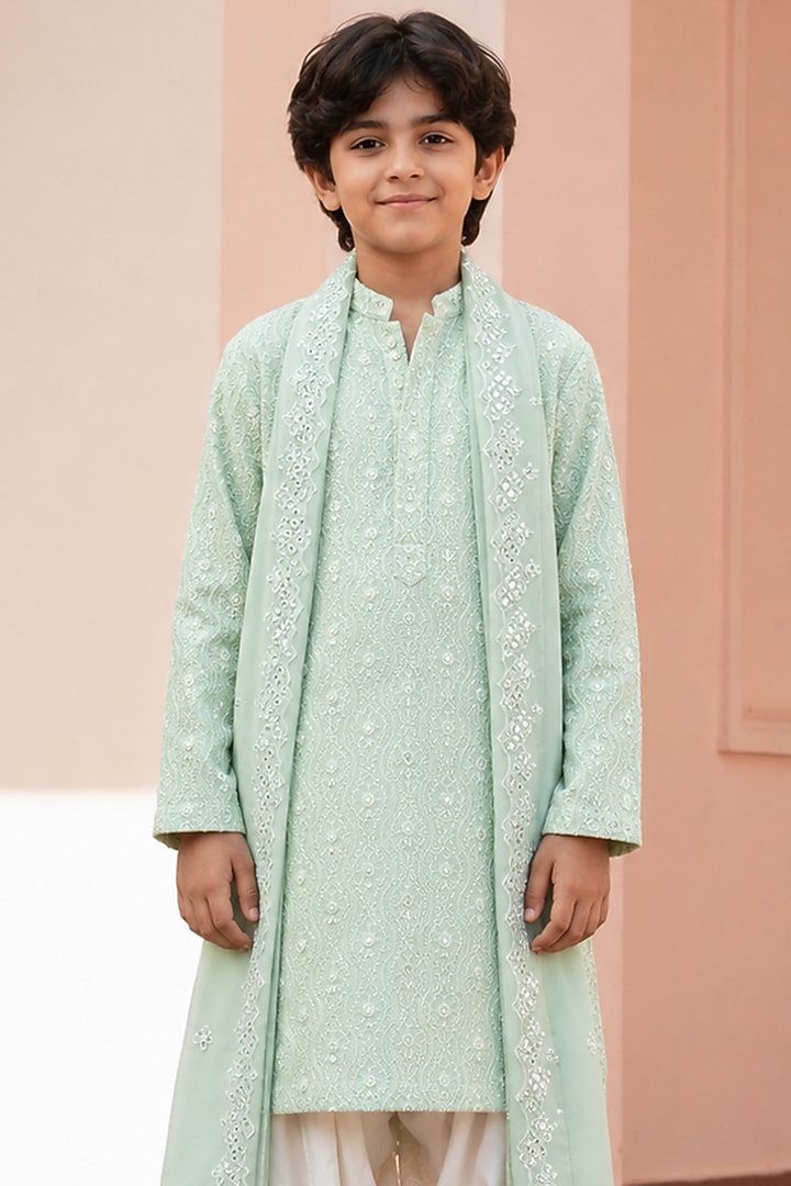 Sage Green Chikankari Hand Embroidered Kurta Set For Boys by Bohame Kids at Pernia's Pop Up Shop