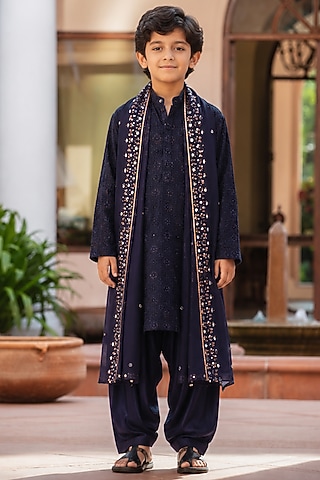 Navy Blue Chikankari Embroidered Kurta Set For Boys by Bohame Kids