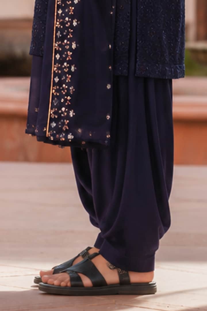 Navy Blue Chikankari Embroidered Kurta Set For Boys by Bohame Kids at Pernia's Pop Up Shop