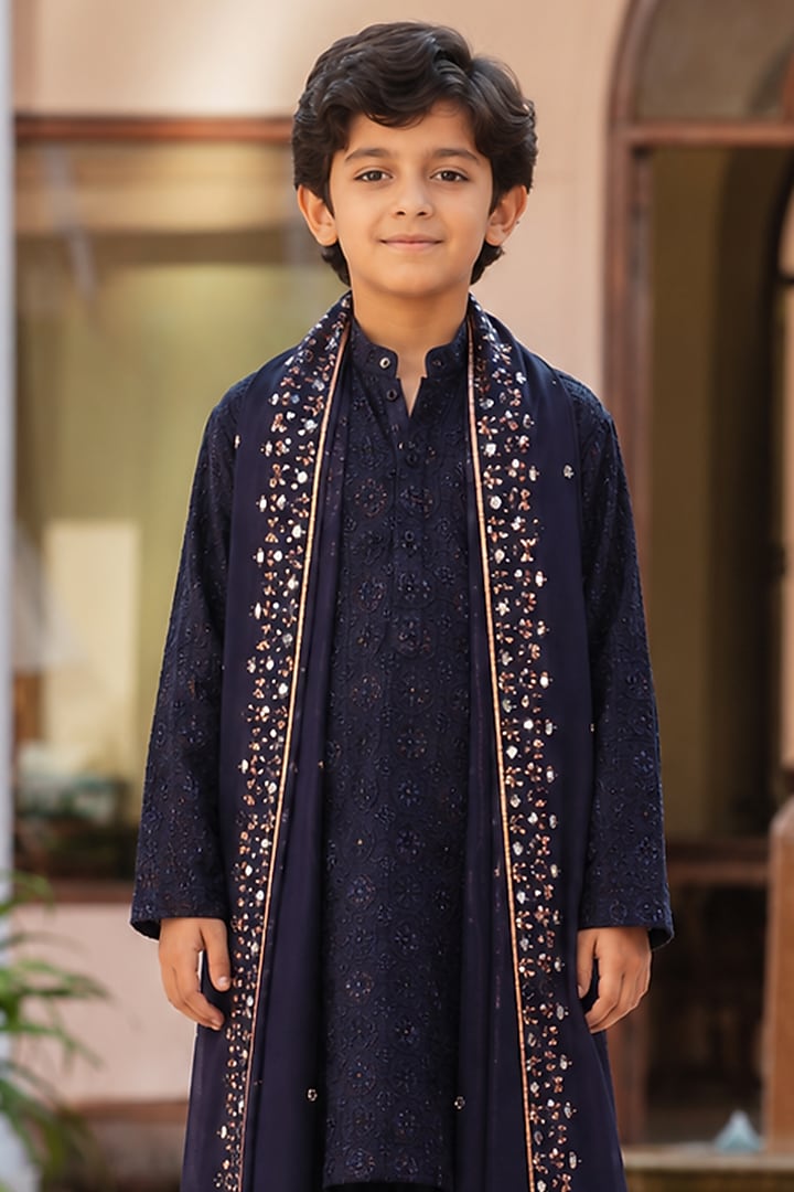 Navy Blue Chikankari Embroidered Kurta Set For Boys by Bohame Kids at Pernia's Pop Up Shop