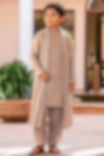 Almond-Colored Chikankari Kurta Set For Boys by Bohame Kids at Pernia's Pop Up Shop